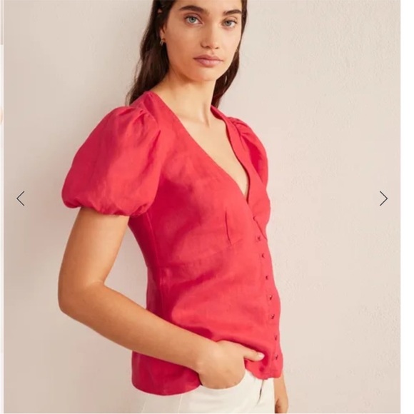 Boden Tops - Boden Linen Coral-Red Puff-Sleeve V-Neck Button-Front Top